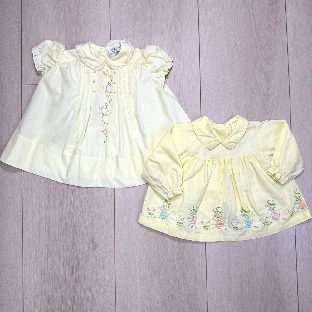VTG 1960's Baby Girl Yellow Dress Lot 2 Tiny Tots 12M 1T Bunny Tulip Embroidered